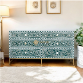 Commode à 6 tiroirs avec incrustations de nacre et motif de volutes, vert sarcelle